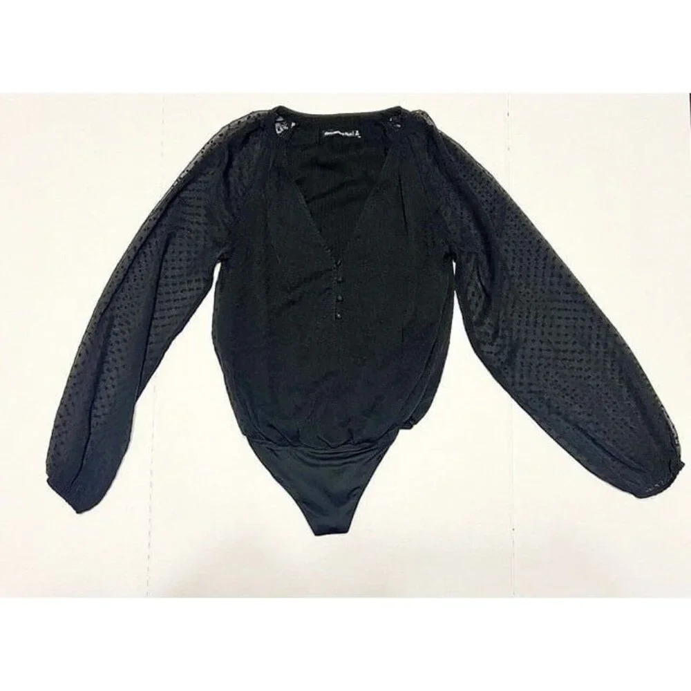 Abercrombie &‎ Fitch A&F Women Black Bishop Sleeve Sheer  Blouse Bodysuit S